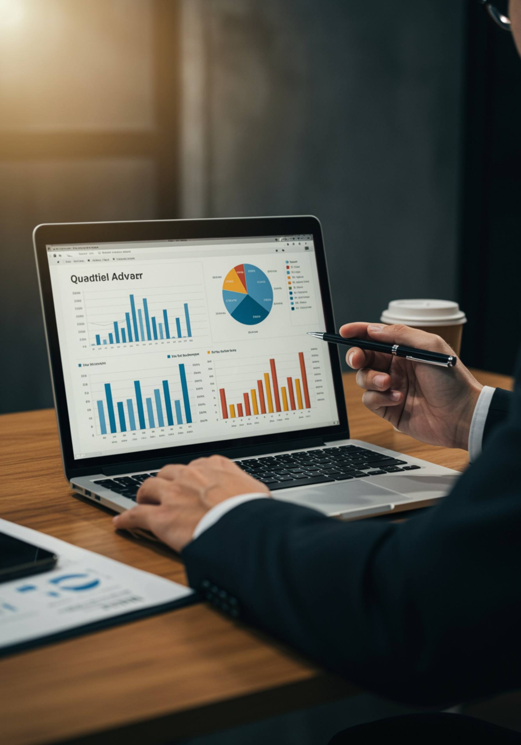 "Pantalla de laptop mostrando un dashboard contable trimestral con gráficos de barras y pastel, mientras un asesor señala los datos con un bolígrafo, sobre un escritorio ordenado con una taza de café."