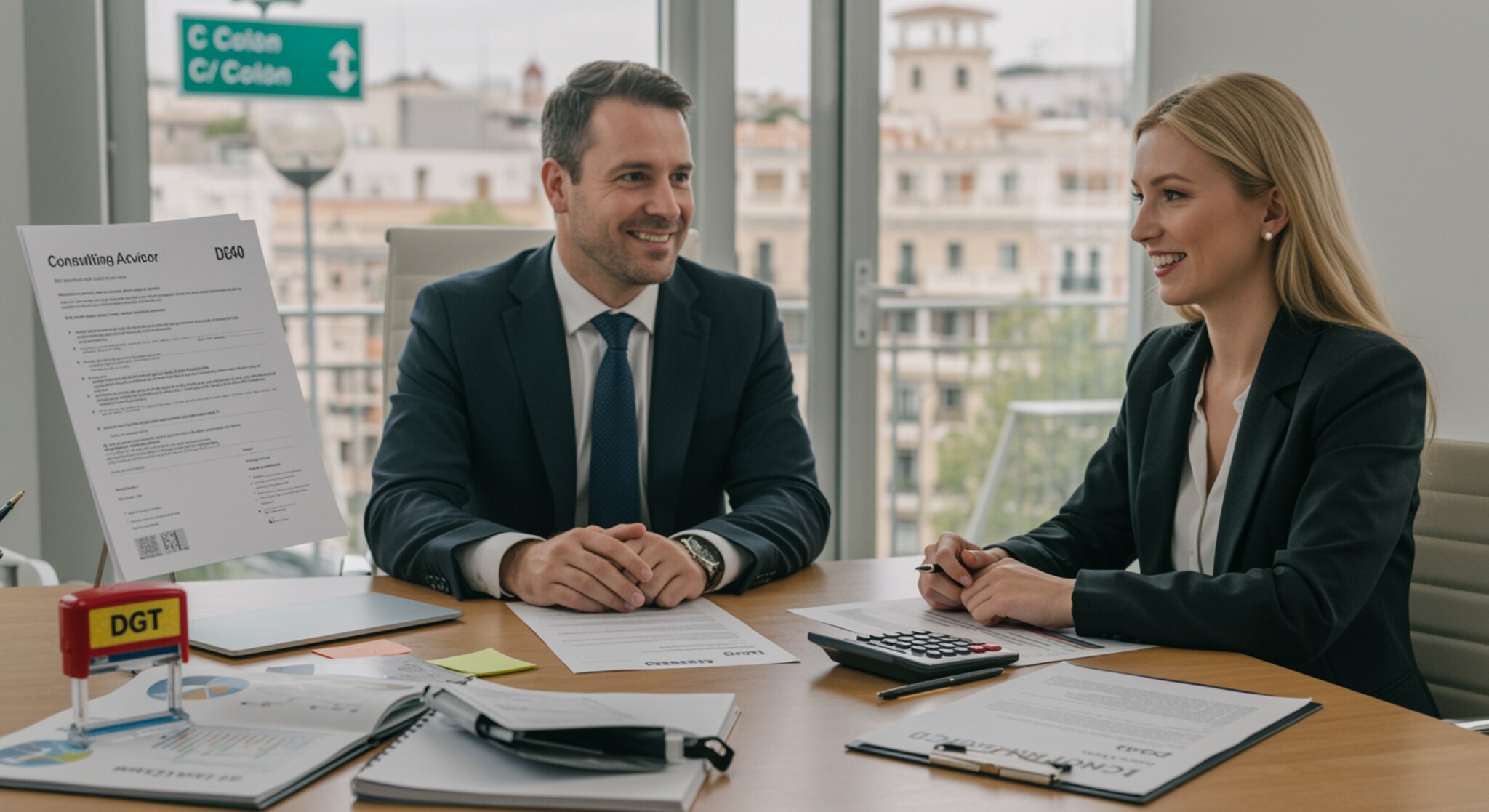 "Ilustración profesional de una oficina de consultoría moderna en Madrid, con un asesor y una clienta discutiendo servicios fiscales y laborales, rodeados de documentos DGT y un ambiente corporativo acogedor."