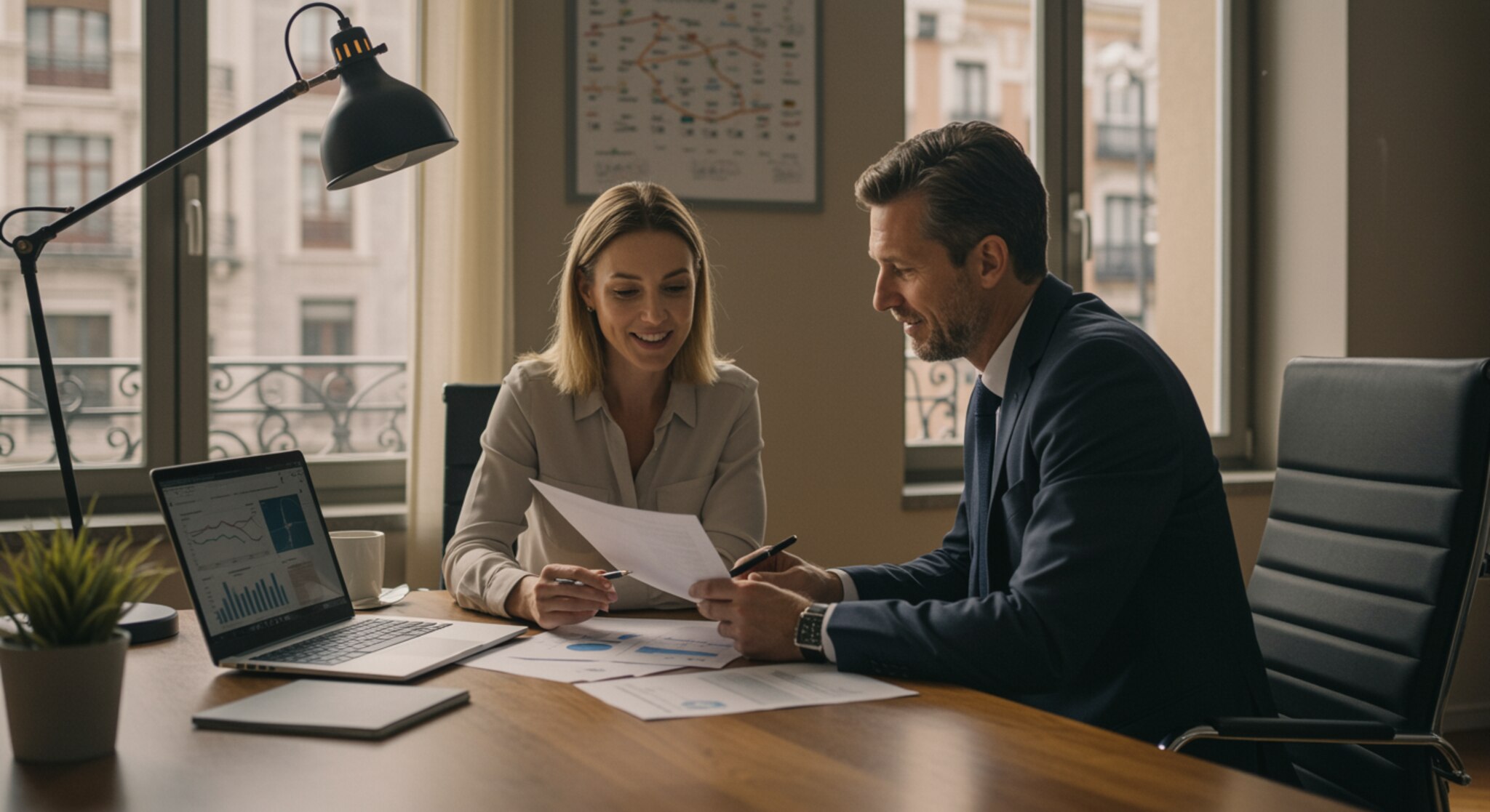 "Oficina moderna de consultoría financiera en Madrid con luz natural, donde un contador y una clienta discuten documentos, reflejando confianza y servicio personalizado en asesoría fiscal y contable."