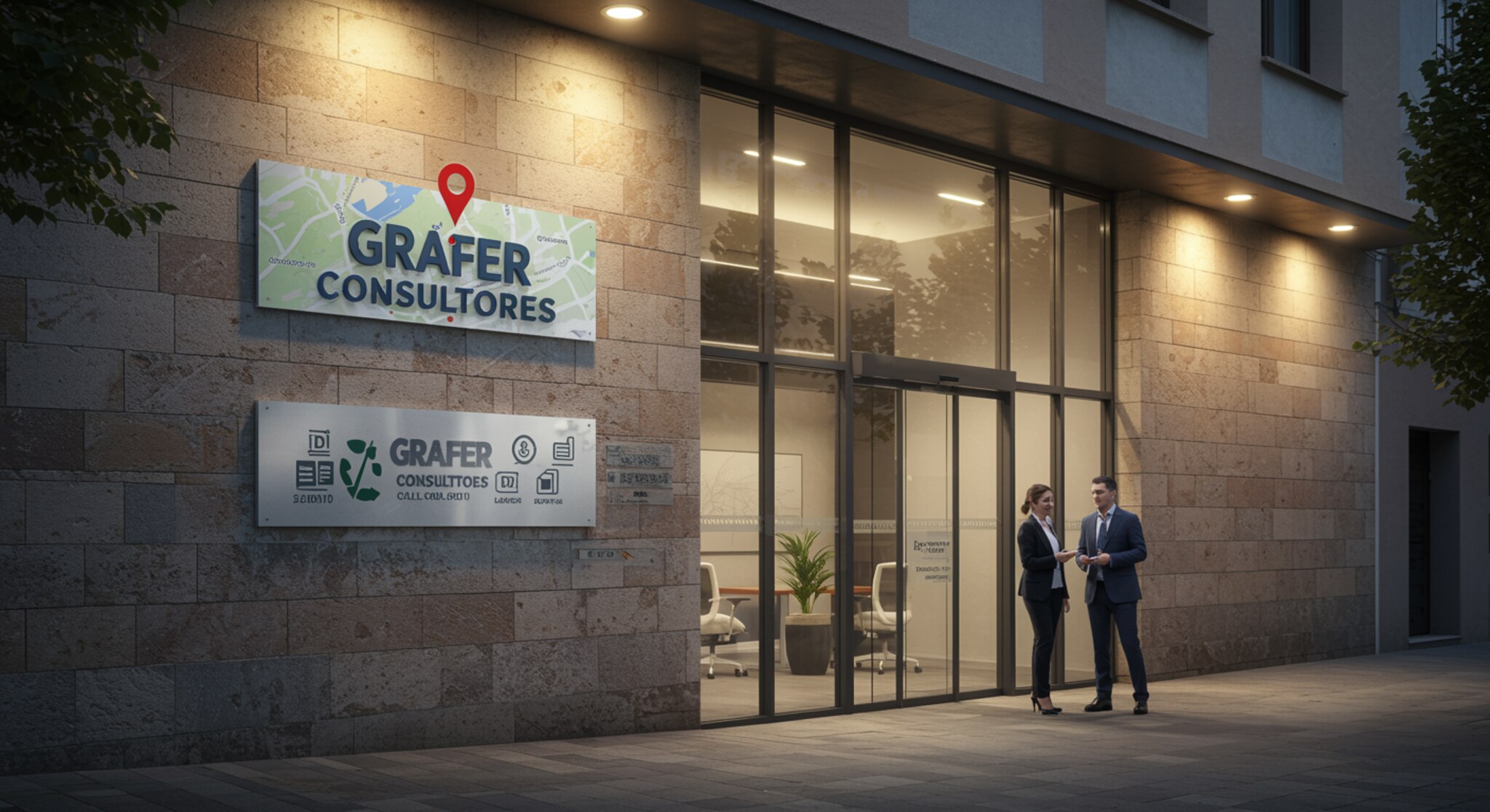 "Ilustración fotorealista de la oficina de Grafer Consultores en Madrid, destacando su moderna fachada de cristal y piedra, asesores profesionales y un ambiente amigable que refleja servicios de asesoría fiscal y contable."